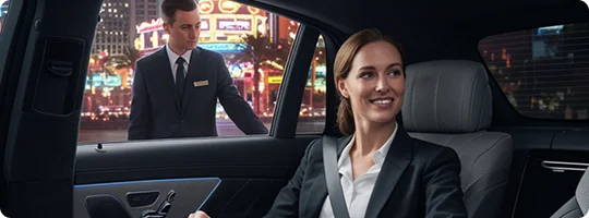 Chauffeur opening car door for a smiling woman in the backseat with colorful city lights outside.