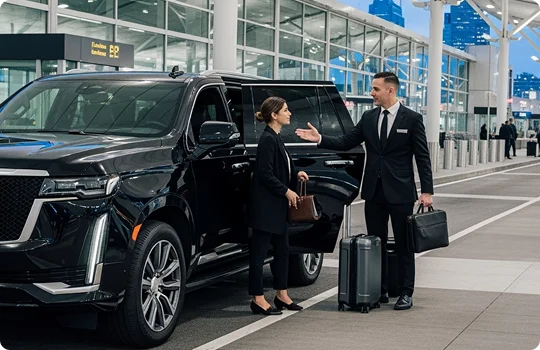 A chauffeur greets a businesswoman near a Cadillac Escalade at an airport terminal lit by blue evening sky and modern glass walls.