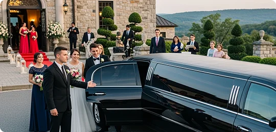 The wedding party gathers as a couple enters a black stretch limo outside a luxury mansion with a stone facade and landscaped steps.
