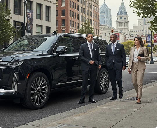 Two men and one woman in business suits walk away from a premium black SUV in downtown Philadelphia.
