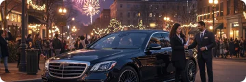 Black car and chauffeur beside a couple under holiday lights at New Year's Eve Fireworks event.