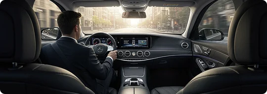 Chauffeur in a suit driving a luxury Mercedes from an inside front cabin view on a city street.