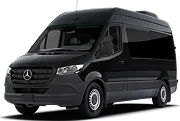 Mercedes-Benz Sprinter van shown in profile, suited for 14 passengers with ample luggage space.