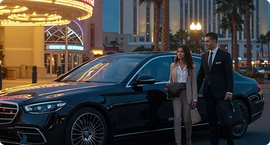 Businesswoman arriving with a chauffeur beside a luxury black sedan outside a well-lit venue at dusk.